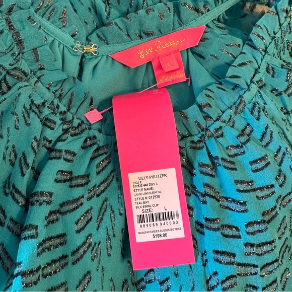 Lilly Pulitzer Caline Silk Top in Teal Clip Long Sleeve size Large NWT - Picture 11 of 14